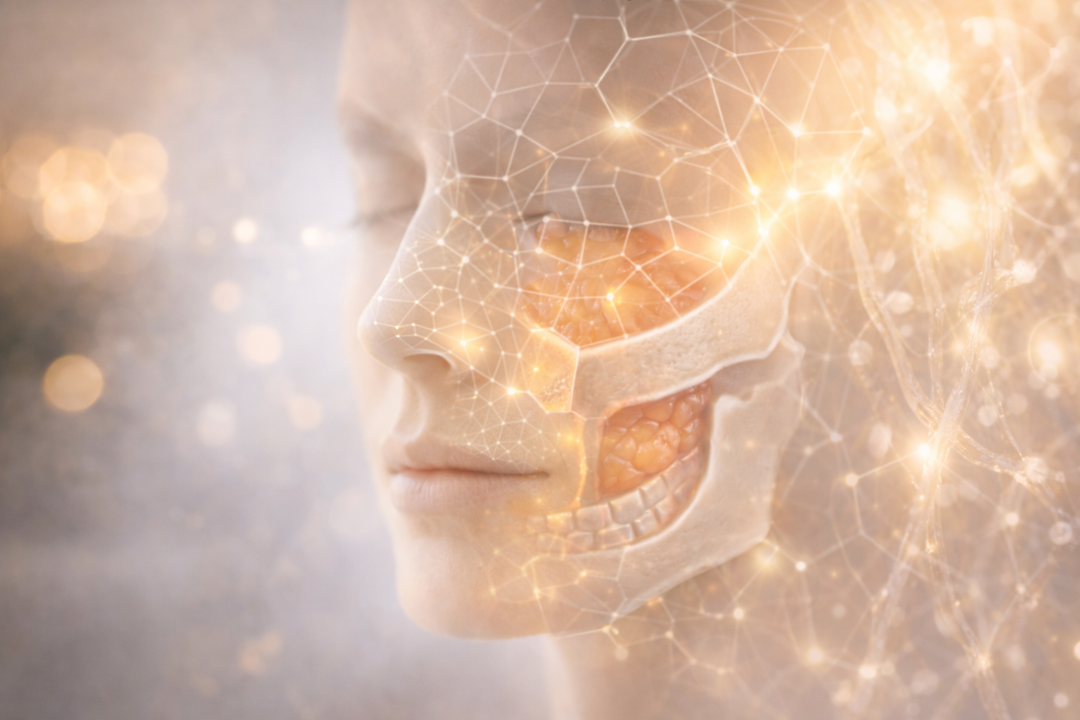 Ilustração conceitual de rosto feminino em perfil com camadas anatômicas visíveis, mostrando estrutura óssea, gordura e fibras de colágeno, representando flacidez facial e envelhecimento estrutural.