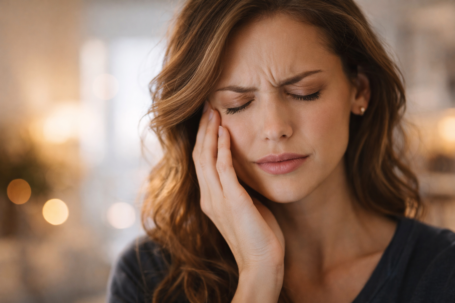 Mulher com expressão de dor, segurando a lateral do rosto com a mão, em ambiente interno com fundo desfocado e iluminação suave.