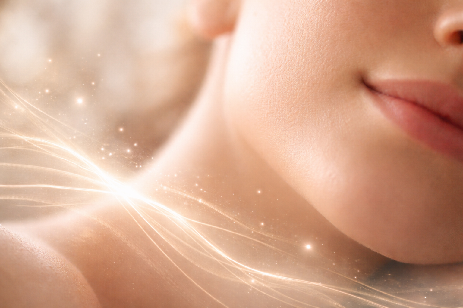 Close em detalhe da pele do rosto e região do maxilar, com textura iluminada por luz suave e efeitos luminosos abstratos em tons claros.