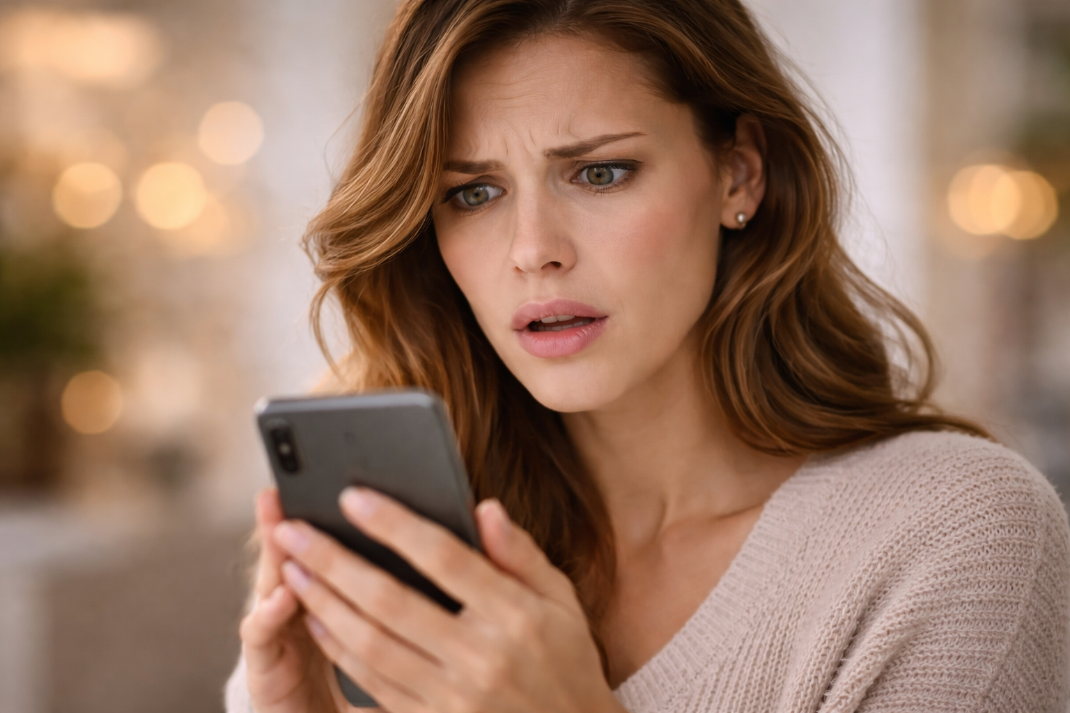 Mulher jovem segura um celular e observa a tela com expressão de preocupação e estranhamento, em ambiente com iluminação suave, fundo desfocado e estética natural, remetendo ao impacto emocional das redes sociais.