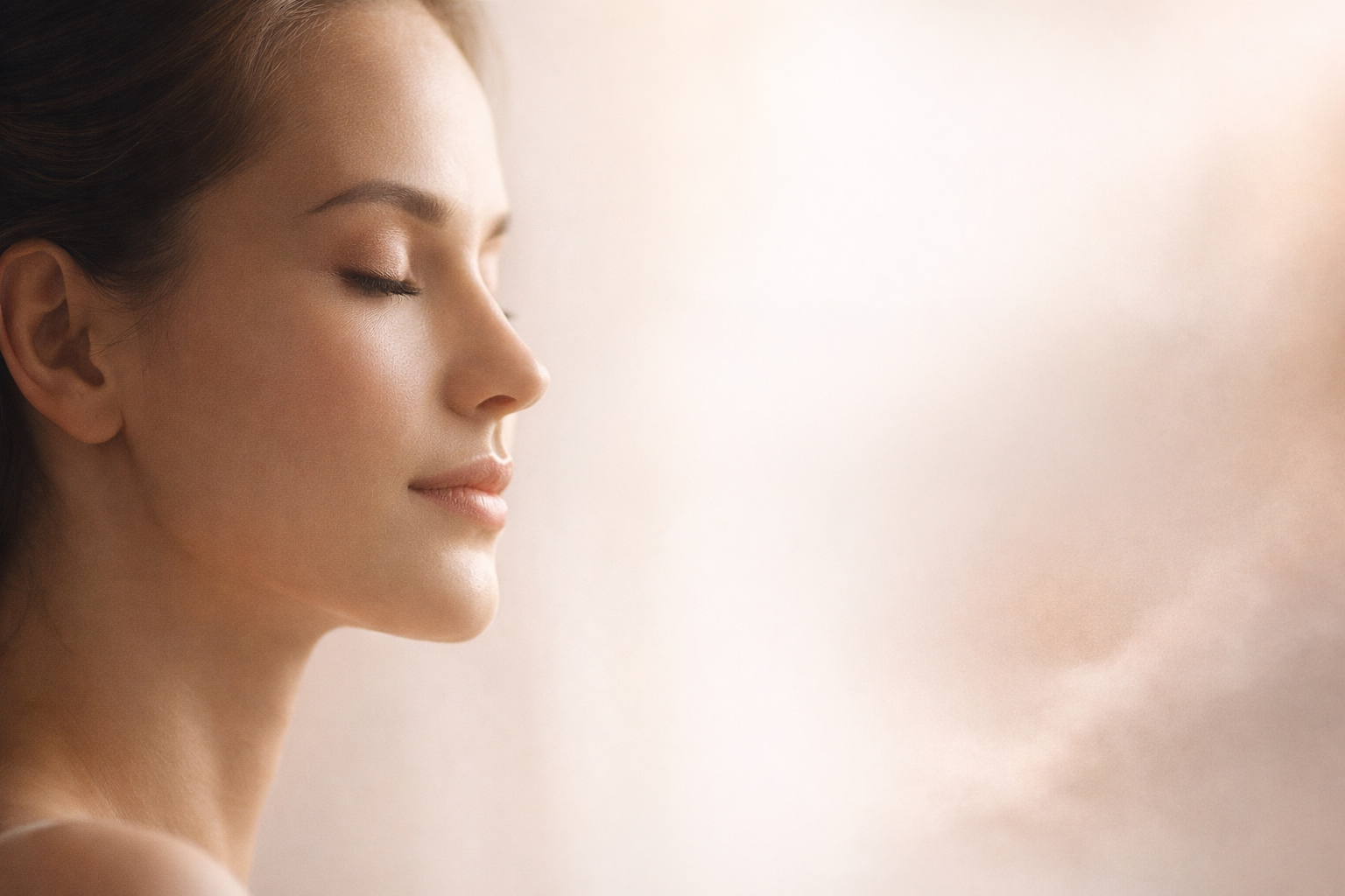 Perfil lateral de uma mulher com olhos fechados, pele iluminada por luz suave, expressão serena, fundo desfocado em tons claros e rosé.