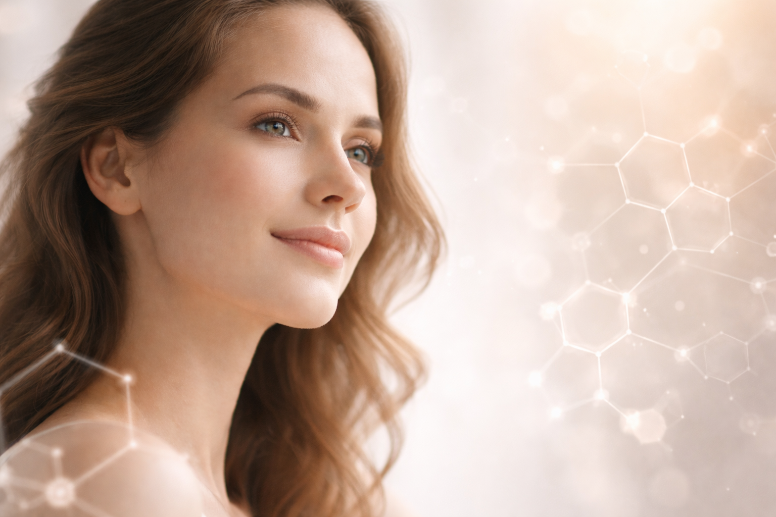 Rosto feminino em três quartos, com expressão tranquila, pele iluminada, fundo claro e elementos gráficos sutis em forma de moléculas.