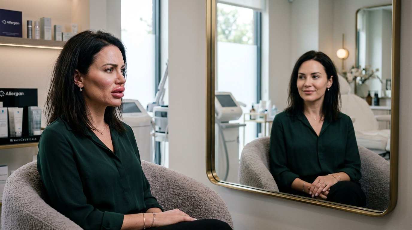 Mulher com lábios visivelmente exagerados sentada em clínica estética, enquanto no espelho seu reflexo mostra um rosto natural e harmonioso.