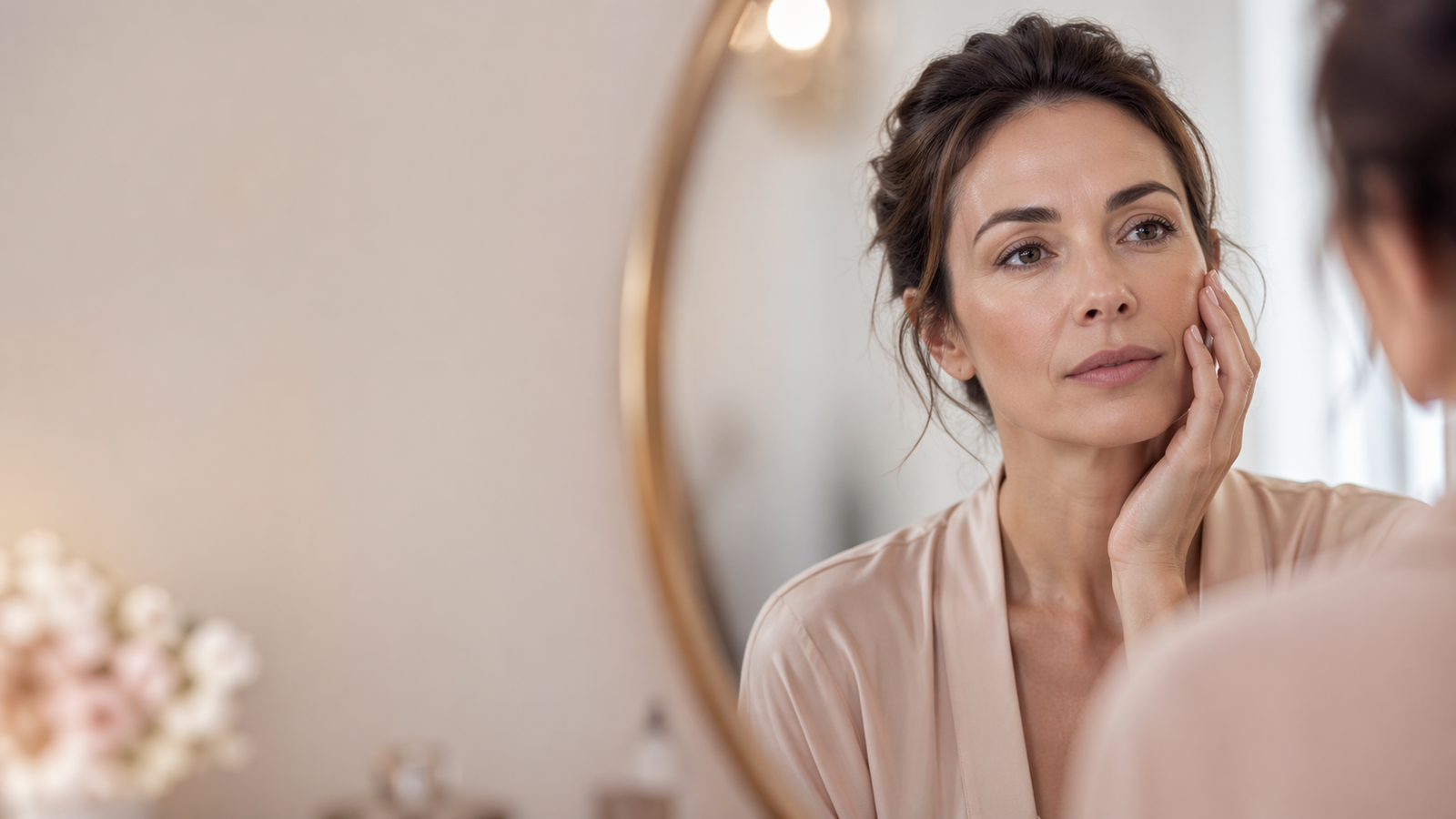 Mulher adulta com expressão pensativa observa o próprio rosto no espelho, tocando suavemente a face, em ambiente com iluminação suave, tons claros e fundo desfocado elegante.