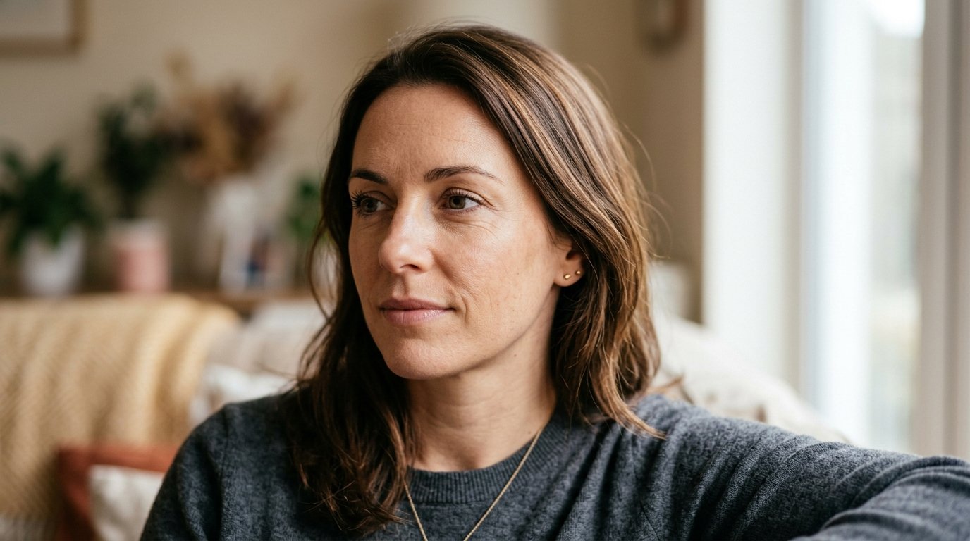 Mulher adulta em ambiente interno, com expressão neutra e olhar lateral, apresentando linhas suaves de bigode chinês, iluminação natural e fundo desfocado acolhedor.