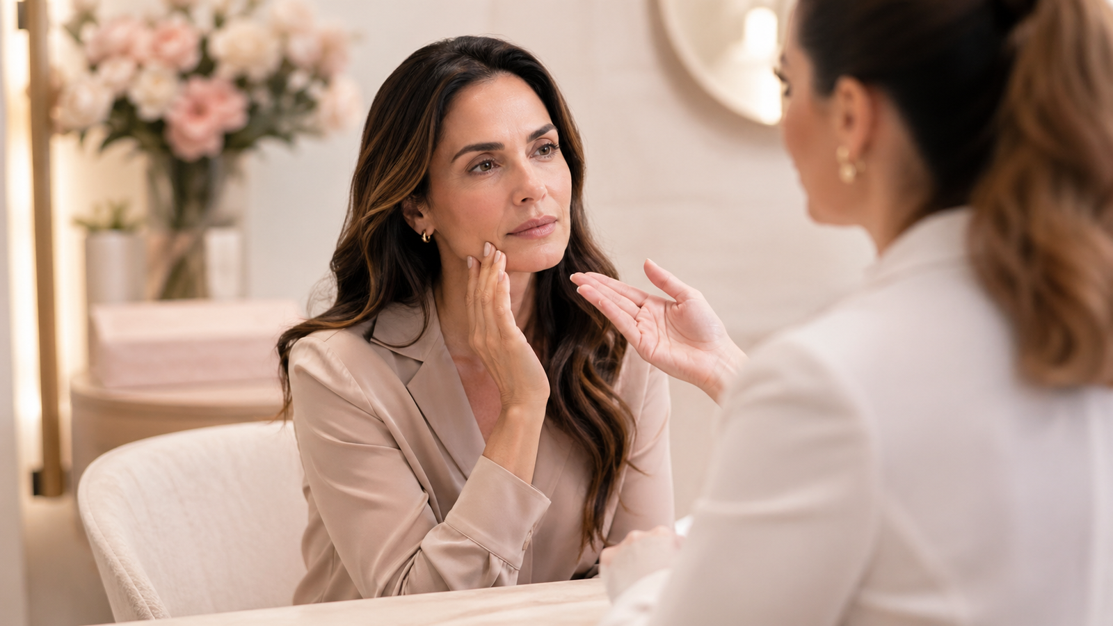 Mulher em consulta estética observa o próprio rosto enquanto profissional explica com gestos, em ambiente elegante com iluminação suave e tons neutros, transmitindo análise e planejamento facial.