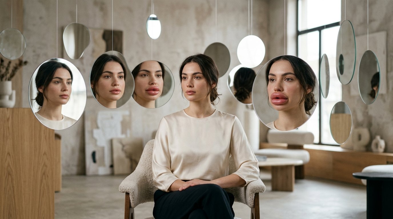 Mulher sentada cercada por espelhos suspensos, cada reflexo mostra variações do rosto com lábios progressivamente mais volumosos e desproporcionais.