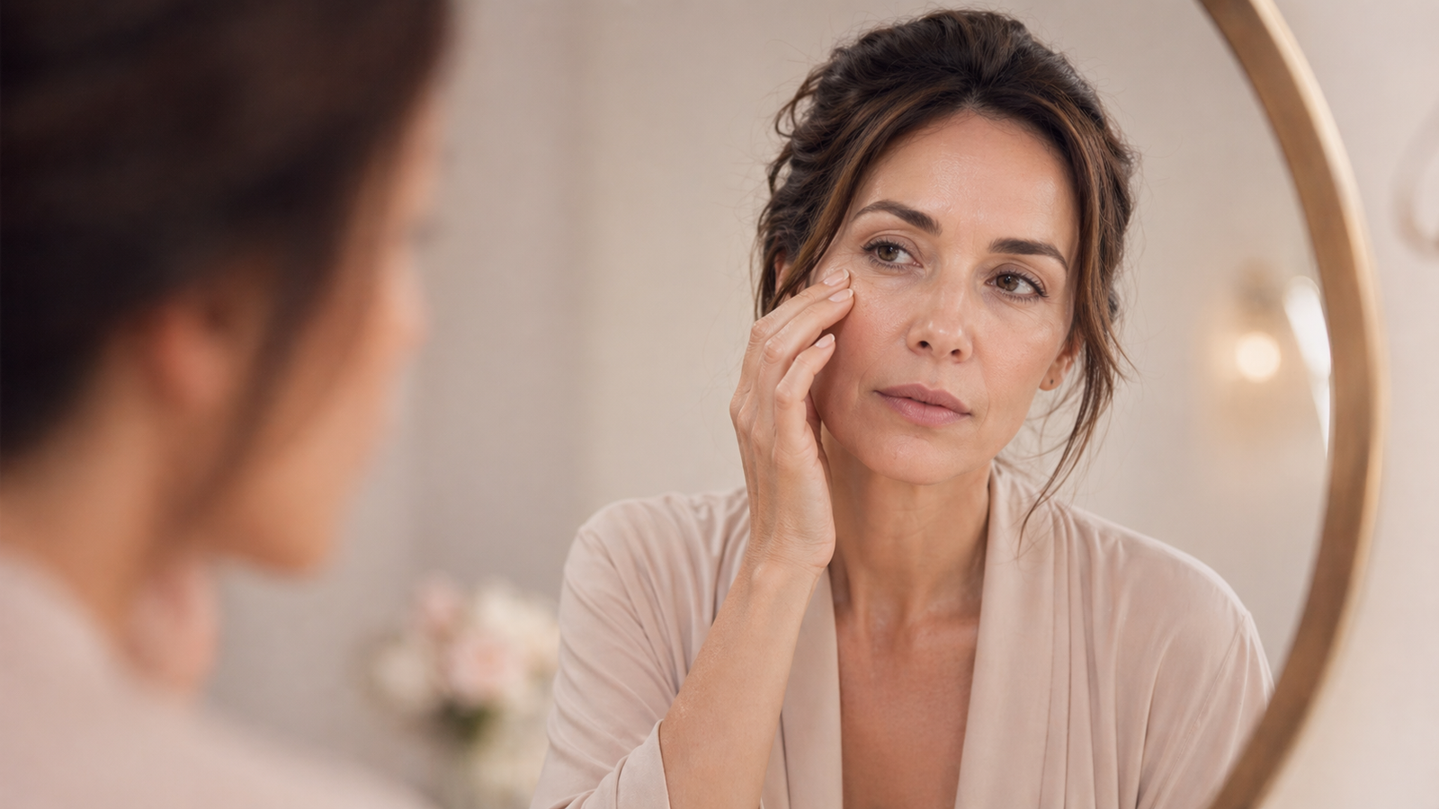 Mulher adulta observa o rosto no espelho com expressão levemente cansada, tocando a região abaixo dos olhos, em ambiente com luz suave, tons claros e fundo desfocado elegante.