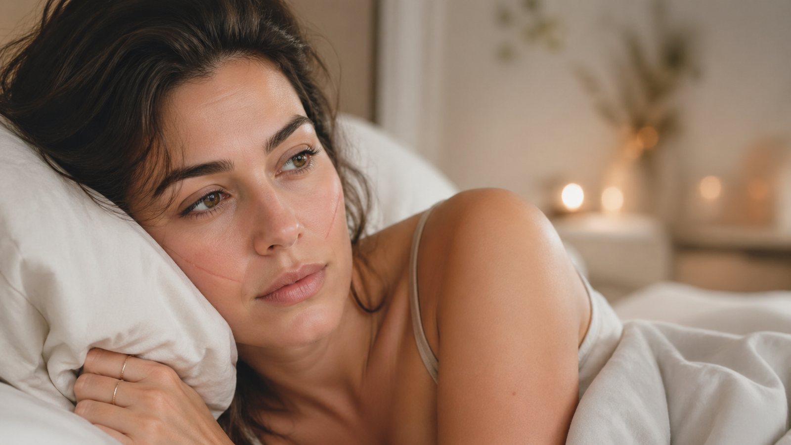Mulher deitada de lado na cama, com o rosto apoiado no travesseiro, expressão pensativa e uma leve marca na bochecha causada pela pressão durante o sono, em ambiente acolhedor com luz suave.